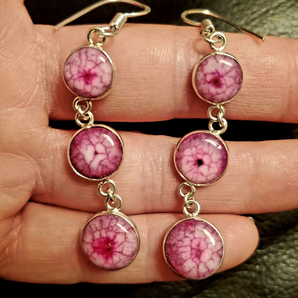 New 3 Pink Solar Quartz Agate Drop Silver Earrings.